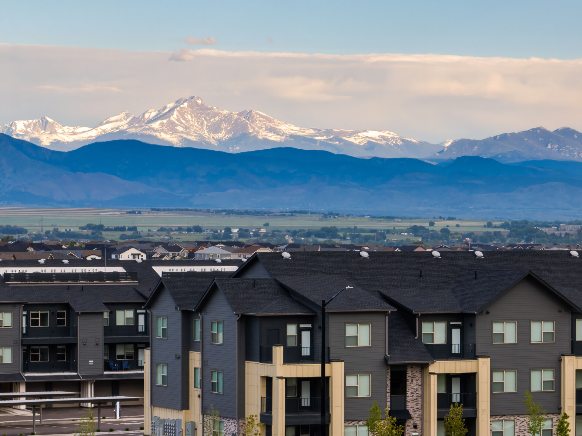 Buildings with mountain view